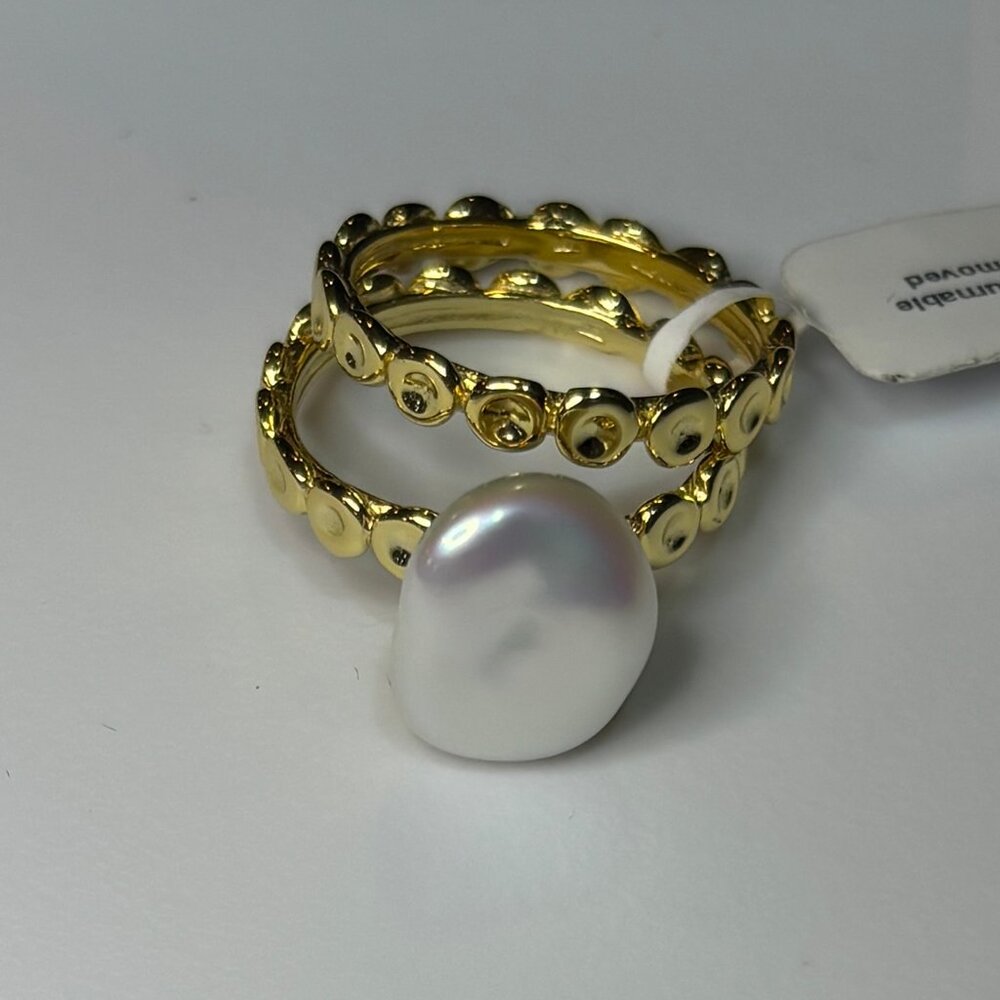 NWT Cultured Freshwater Pearl Double Row Ring in 14k Gold-Plated Sz 7 - Picture 2 of 6